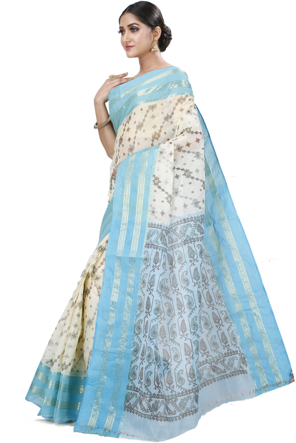 Sky Blue Pure Cotton Rashi Print Tant Saree Print (1013)